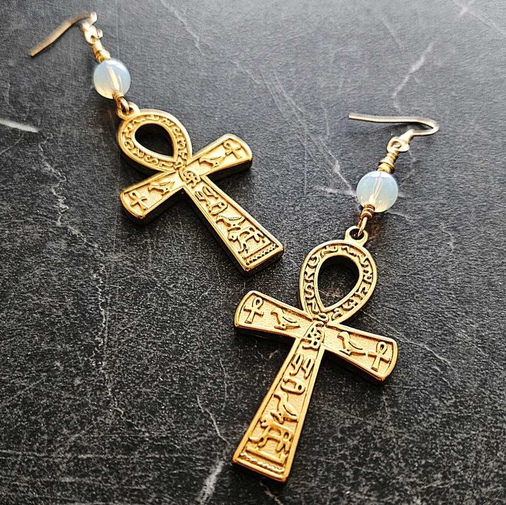 Large Ankh Opalite Earrings, Egyptian, Ancient Jewelry